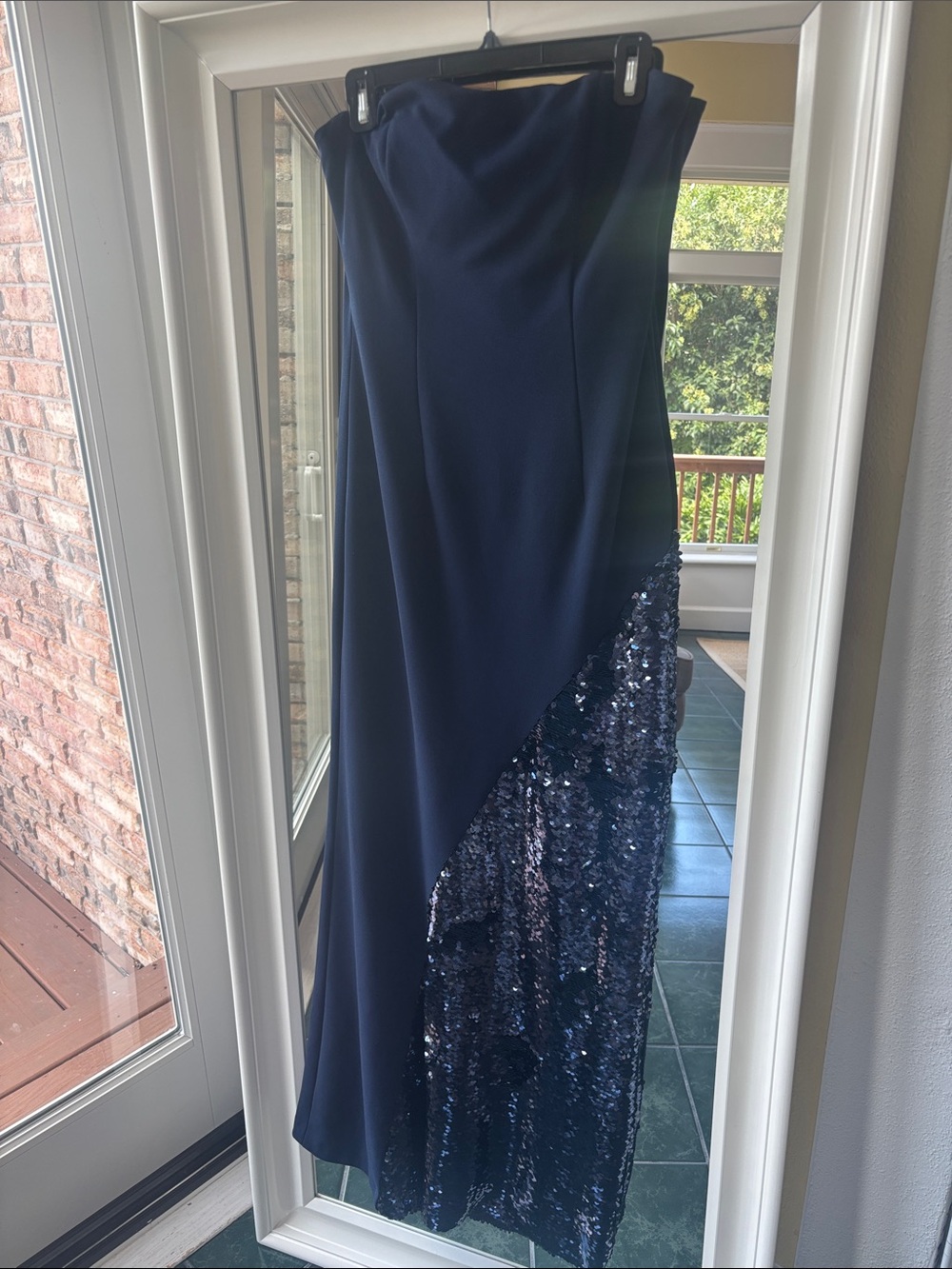 Eliza J Navy Strapless Asymmetrical Sequin Gown